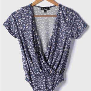 Lulu’s Keep Blooming on Slate Blue Floral Print Bodysuit